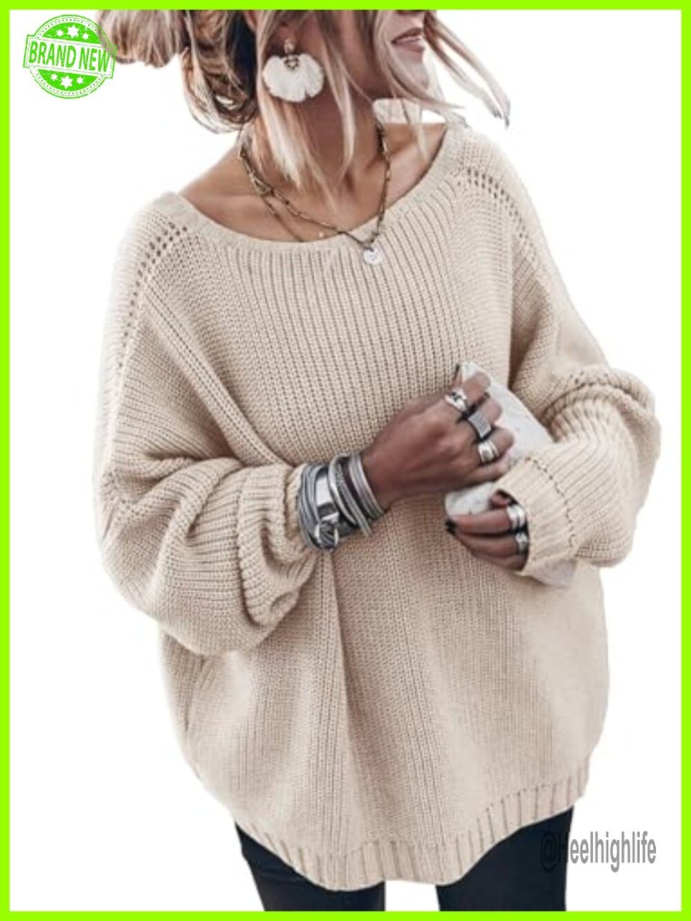 Oversized Cotton Knit Sweater Crew Neck Batwing Long Sleeve Pullover